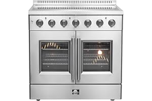 Forno Galiano Full Electric 36" Inch. French Door Freestanding Range with 5 Radiant Elements Ceramic Glass Cooktop - 5.36 Cu.Ft. Stainless Steel Convection Oven with Air Fryer Kit