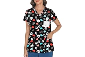 LOMON Scrubs for Women V Neck Printed Scrub Tops Soft Knit Nurse Uniform Shirts with 3 Pockets