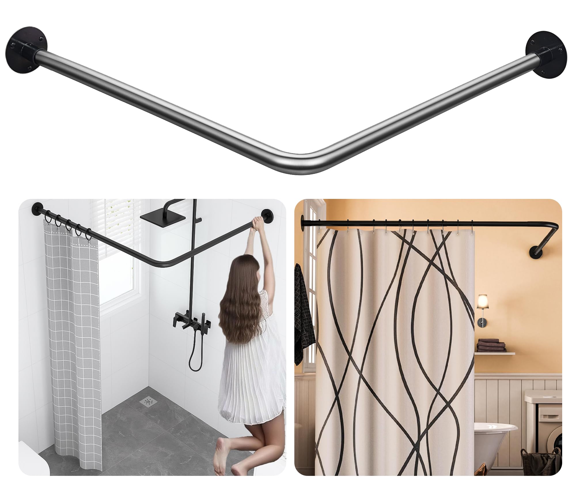 Corner Shower Curtain Rail, 「60-133 x 60-133 cm」 Adjustable, Unsagging, Drill-free Install, 304 Stainless steel Black 90° L Shaped Curved Rod with 12 Shower Curtain Rings for Bathroom, Clothing Store — image 1