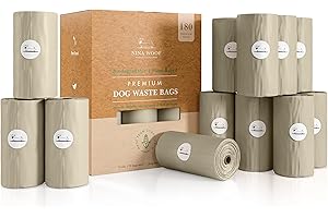 NINA WOOF 100% Certified Home Compostable and Biodegradable Dog Poop Bags - ASTM D6400 & EN 13432 Compliant Dog Waste Bags – 180 Bags – 12 x Rolls of Plant Based Compostable Poop Bags - Thick Doggie Poop Bags