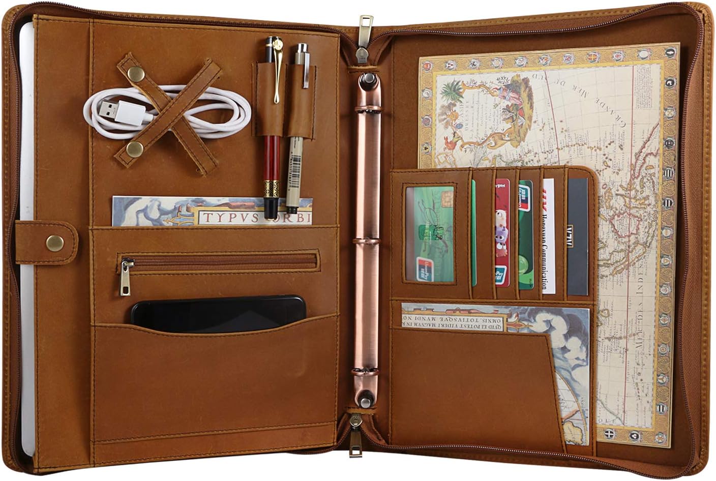 YIWEN Handmade Genuine Leather Portfolio, Zippered Padfolio with 3 Ring Binder