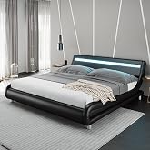 Keyluv Queen LED Bed Frame with Headboard, Modern Platform Bed, Black | Faux Leather Upholstered Wave-Like Bed Frame, Low Profile, Strong Slats Support, Easy Assembly, No Box Spring Needed
