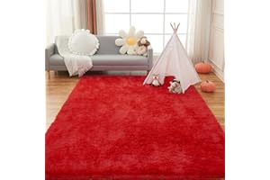 AMTOVO Area Rugs for Living Room, Fluffy Red 4x6 Clearance Bedroom Rug, Large Throw Shag Carpet for Nursery, Kids, Playroom Home Decor
