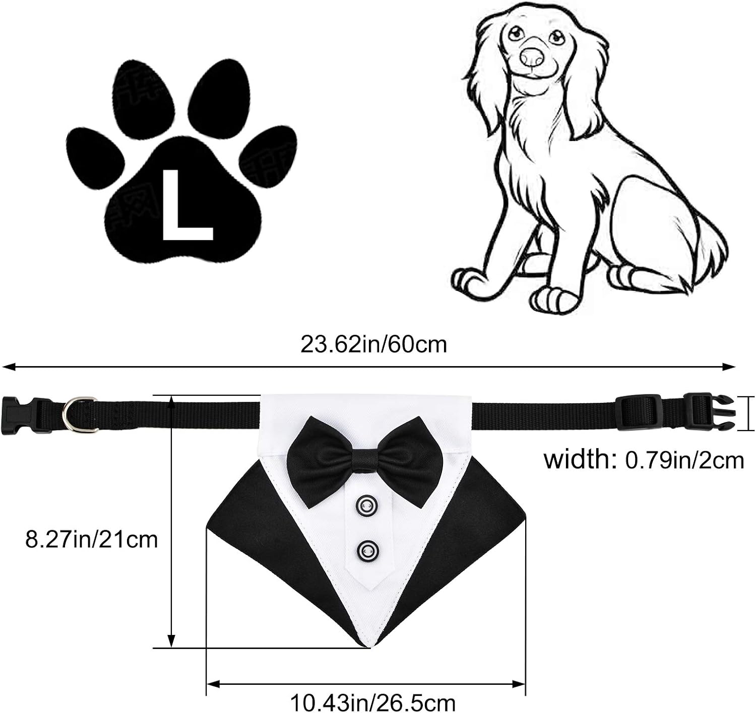 WANDIC Formal Dog Tux Collar - Adjustable Bandana with D Ring for Large Dogs, White,Black - Image 3