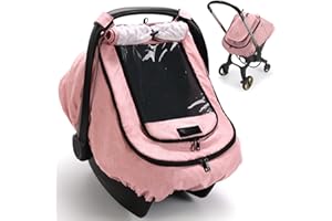 TinlyFinly Waterproof Car Seat Cover for Baby, 2-Layer Car Seat Rain Cover with Clear Window & Sunshade & Mesh Cover, Universal Infant Carseat Canopy for Stroller, Protect from Rain and Snow - Pink