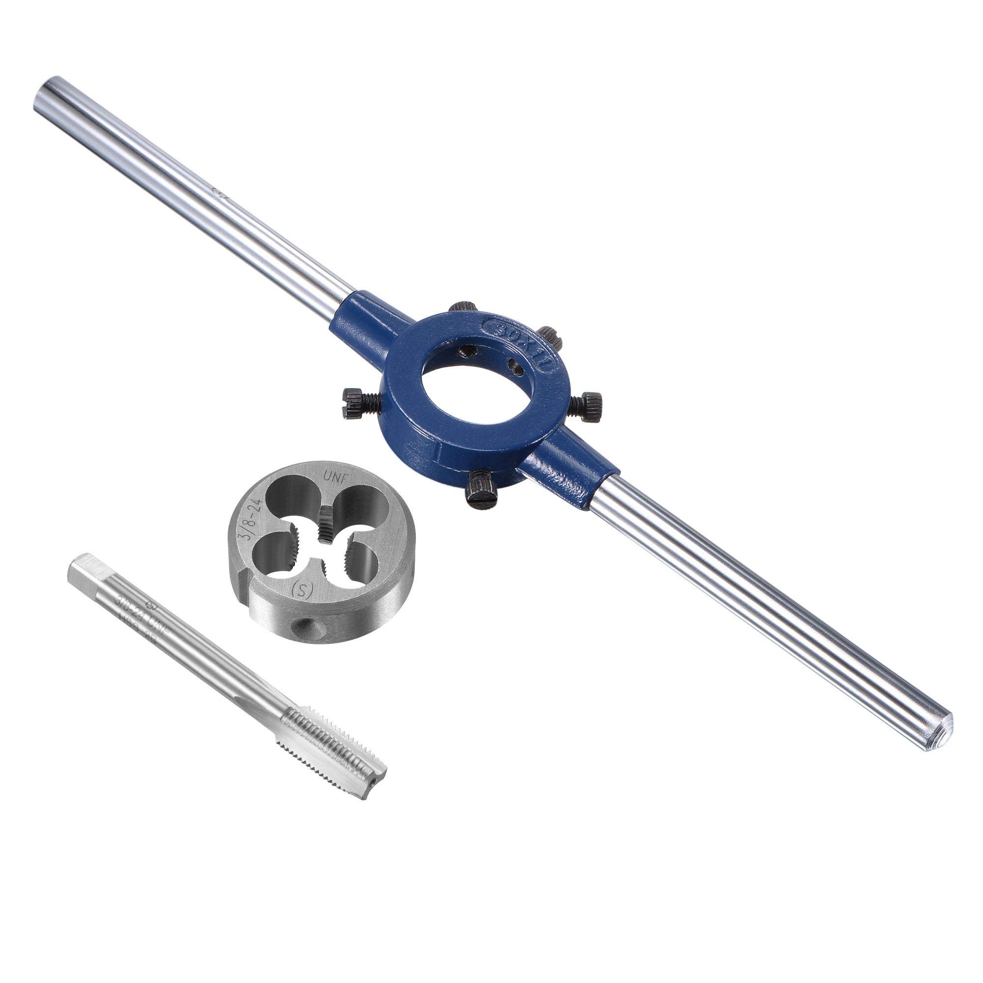 sourcing map 3/8-24 UNF Tap and Die Set with 30mm Round Die Stock Handle Wrench, High Speed Steel Machine Thread Tap and Round Die Threading Tool
