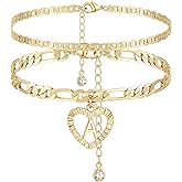 YANODA Initial Ankle Bracelets for Women 14K Gold Plated Layered Figaro Chain Letter Initial Anklets Handmade Layered Heart Ankle Bracelets Personalized Jewelry for Women