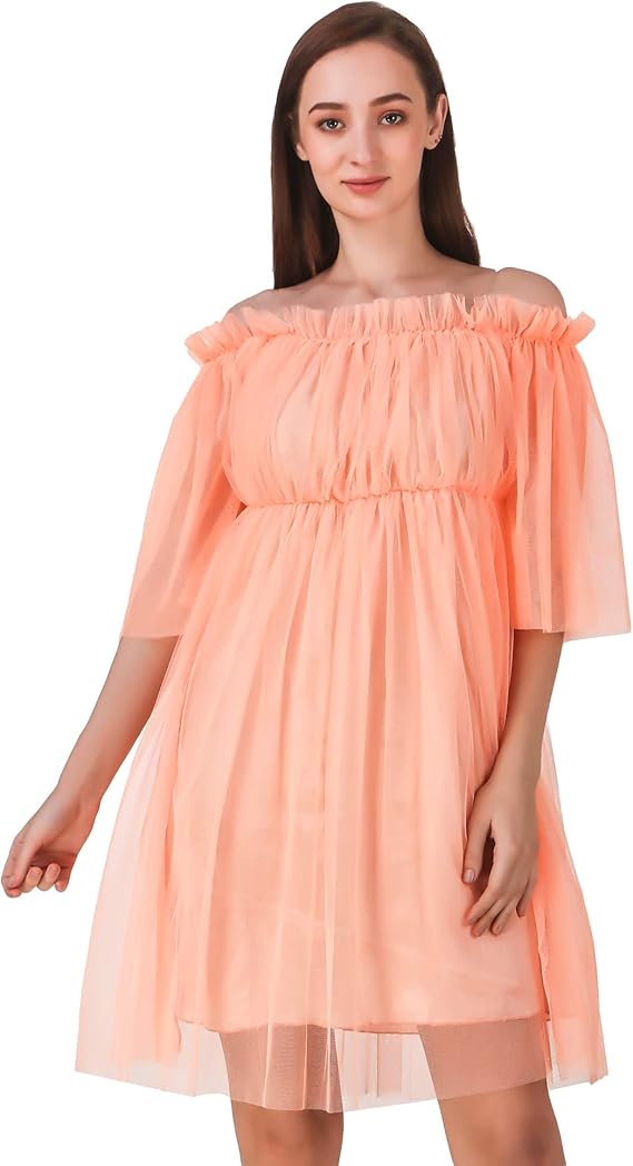 Buy L F Women S Net Off Shoulder One Piece Dress Peach Free Size At Amazon In