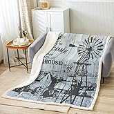 Farmhouse Windmill Throws Blanket,Rustic Farm Wooden Barn Door Tractor Sherpa Blanket for Girls Teens, Chicken Milk Cow Animals Hand Sketch Microfiber Fleece Blanket Room Decor, Throw (50 x 60 Inch)