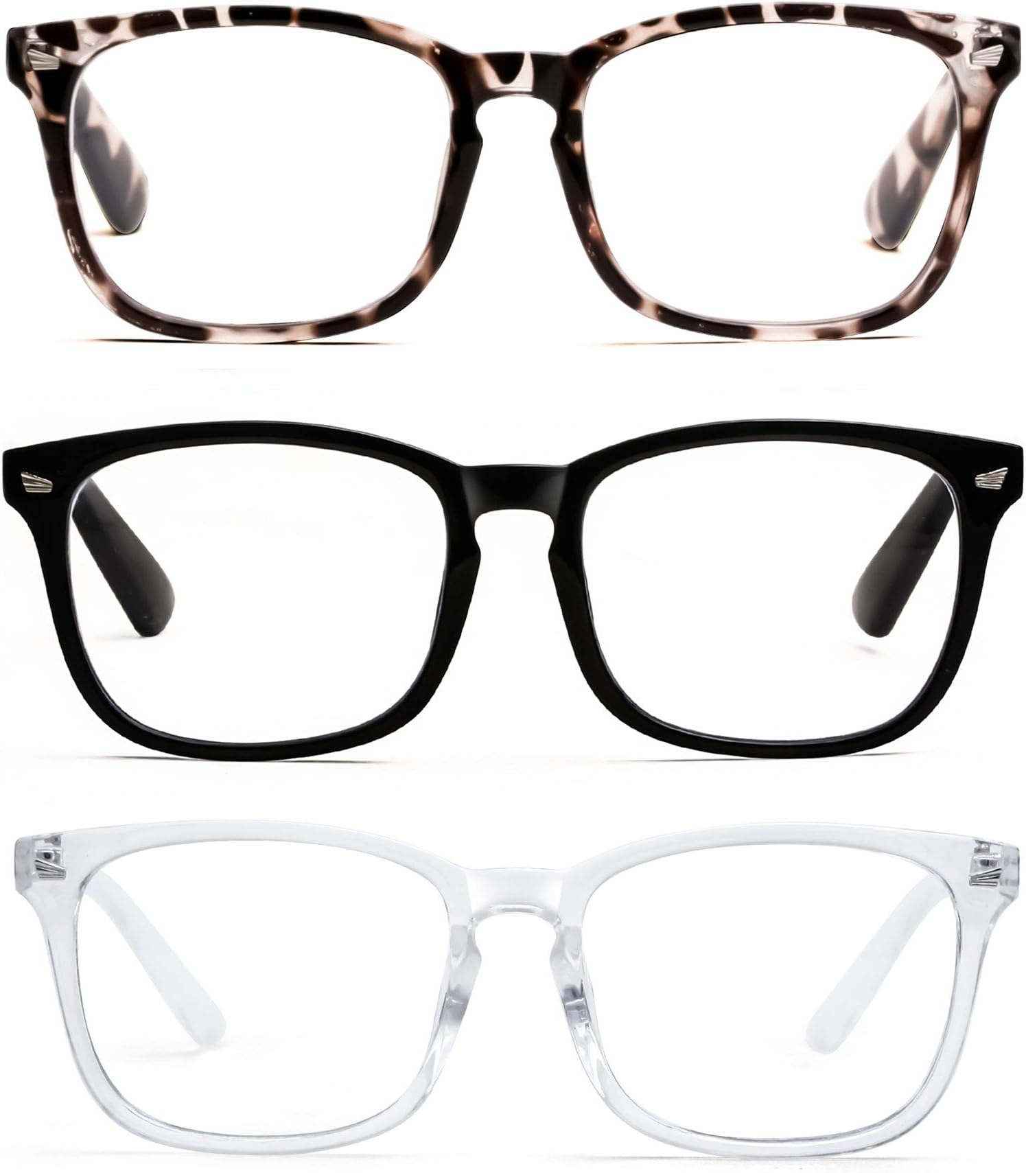 3-Pack Anti Blue Reading Glasses For Women Square Readers Magnification Eyeglasses Tortoise / Black / Clear Eyeglass Frame Nerd Glasses