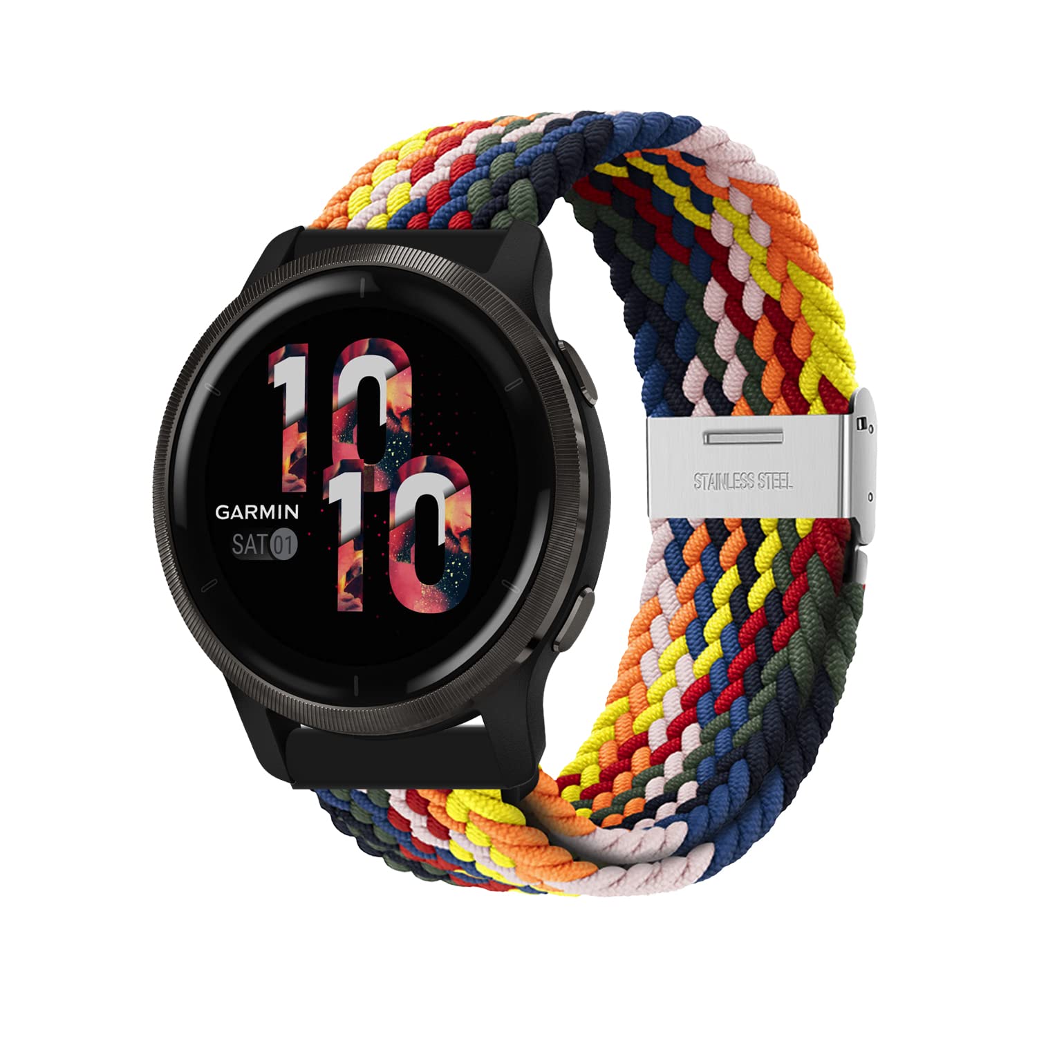 Niboow 22mm Strap for Garmin Venu 3/Venu 2/Vivoactive 4/Forerunner 265/Forerunner 255/Forerunner 255 Music, Elastic Nylon Watch Bands for Huawei Watch GT 4 46mm/Watch 4/Watch 4 Pro - Rainbow — image 1
