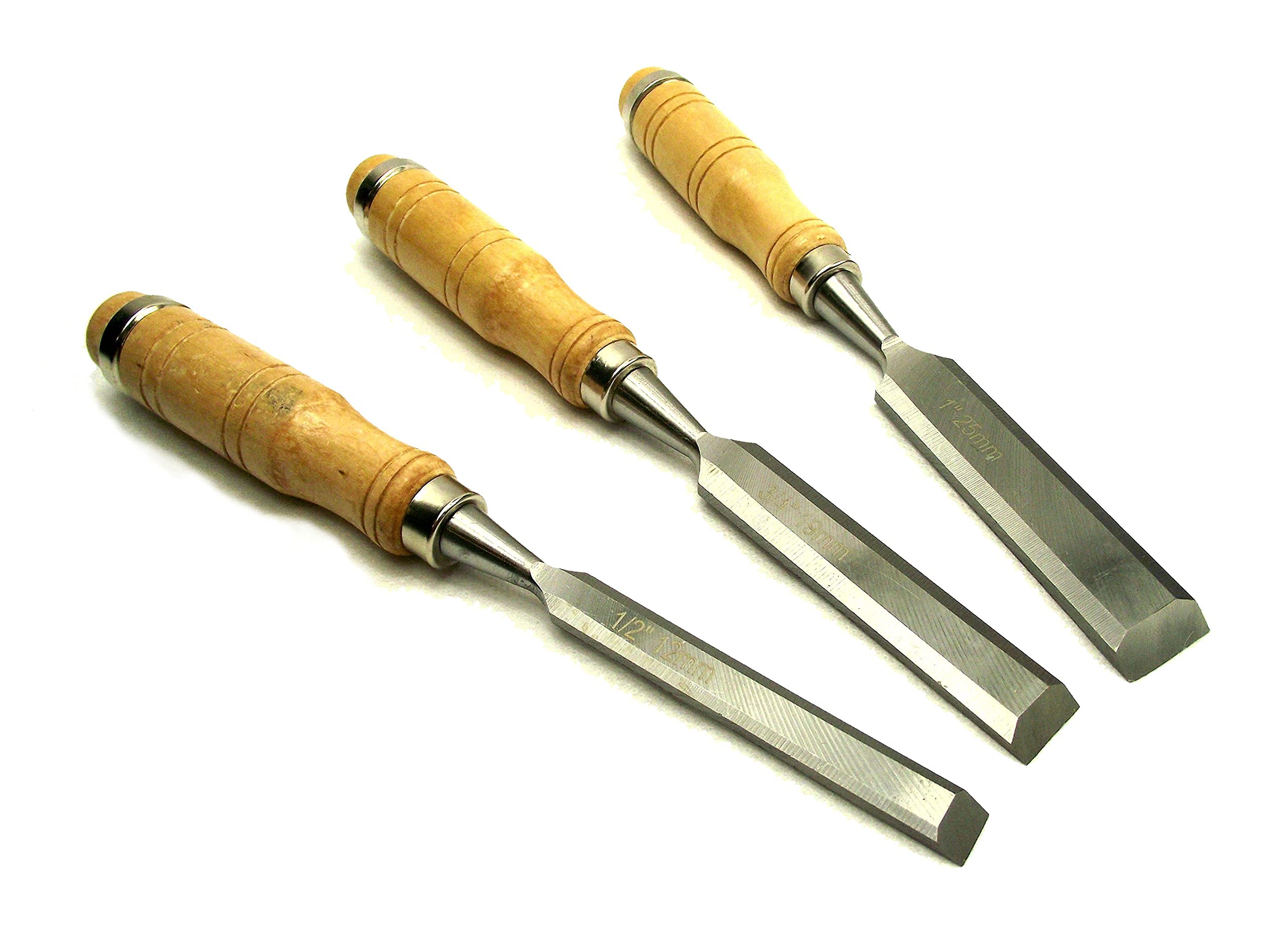 Marksman Wooden Handled Chisel Set - 3 Piece Set Including 12mm (1/2") 19mm (3/4") and 25mm (1") Wooden Handled Wood Chisels with Metal Reinforcing Ring for Mallet Strikes