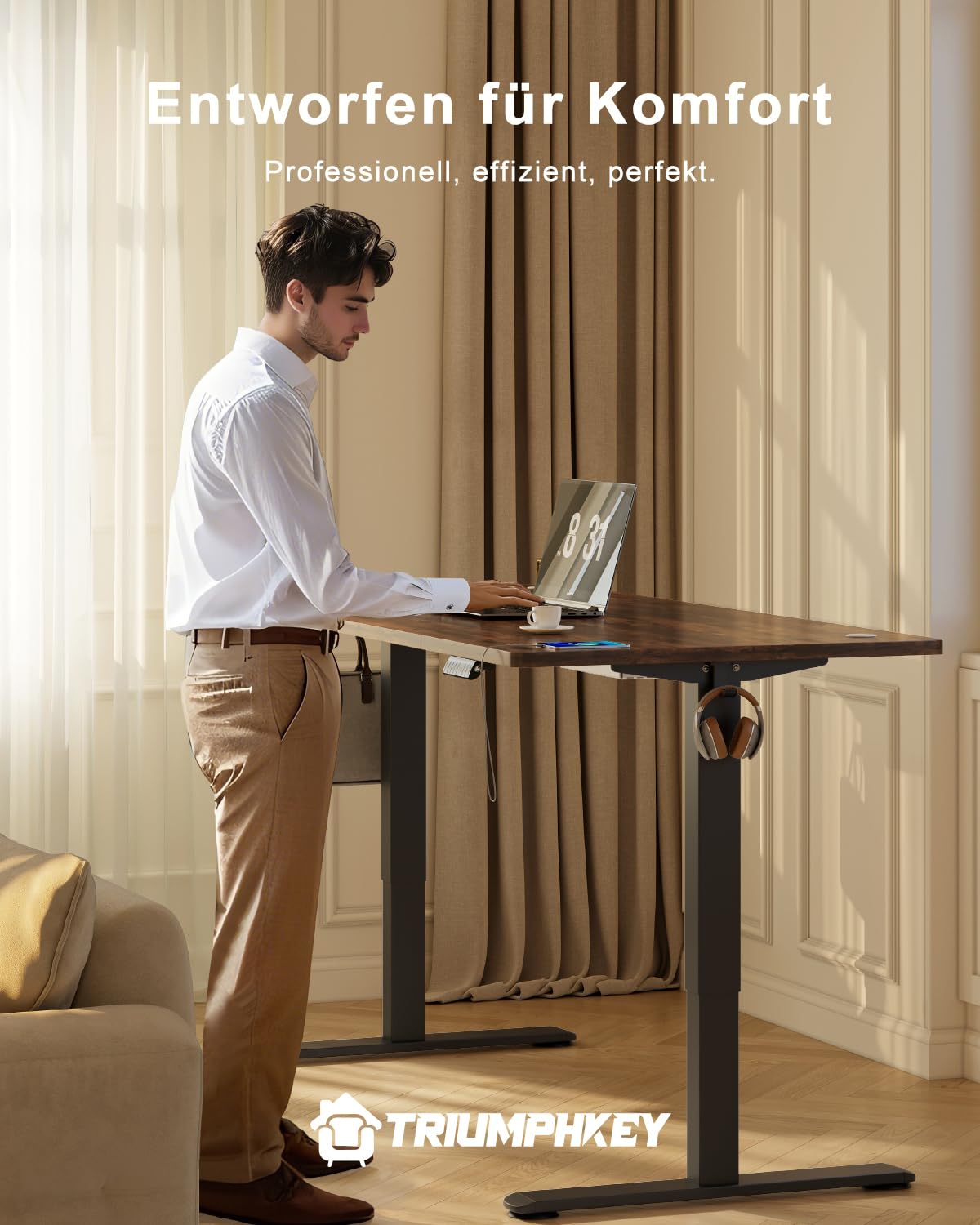 TRIUMPHKEY Höhenverstellbarer Schreibtisch 160x80 mit USB Ladeanschluss, 3 Memory-Steuerung groß Schreibtisch Höhenverstellbarer Anti-Kollision Computertisch Höhenverstellbarer Tisch 2