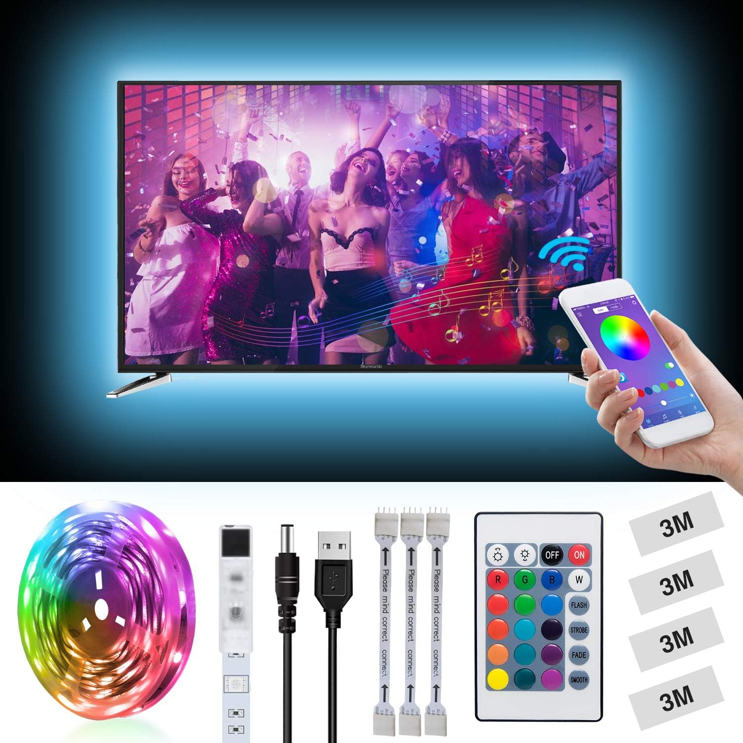 LED Strip Lights, Led Lights Smart Color Changing SMD 5050 Flexible RGB Light Strips with Bluetooth Controller Sync to Music Apply for TV Bar Counter Cabinet Party Christmas Decoration (6.56ft)
