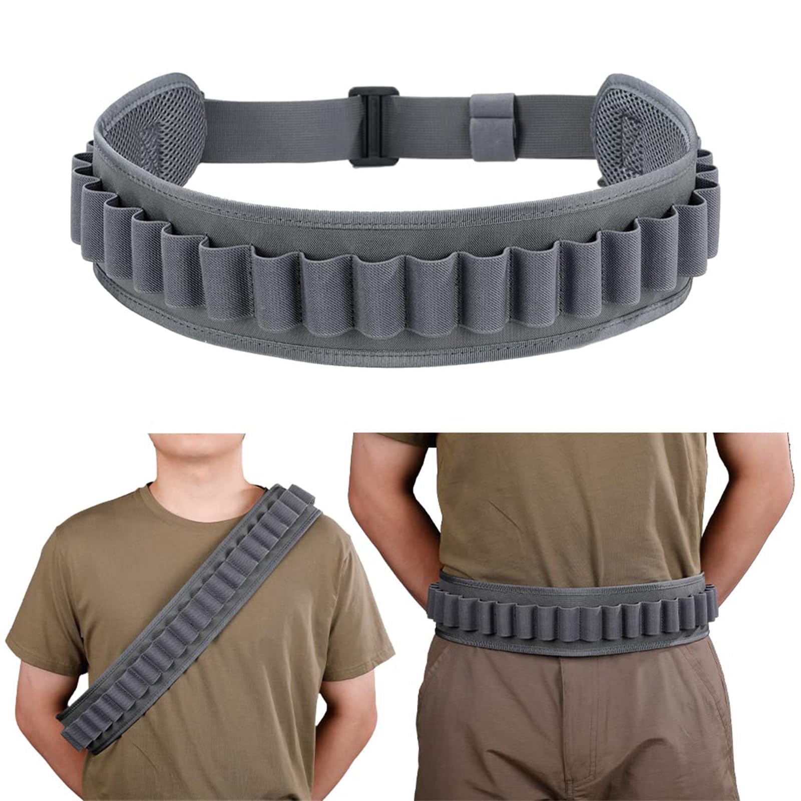 EXCELLENT ELITE SPANKER Shotgun Shell Belt, 24 Rounds Shotgun Cartridge Pouch Bullet Belt Shotgun,Nylon Ammo Carrier Ammo Holder for Tactical Hunting（Grey)