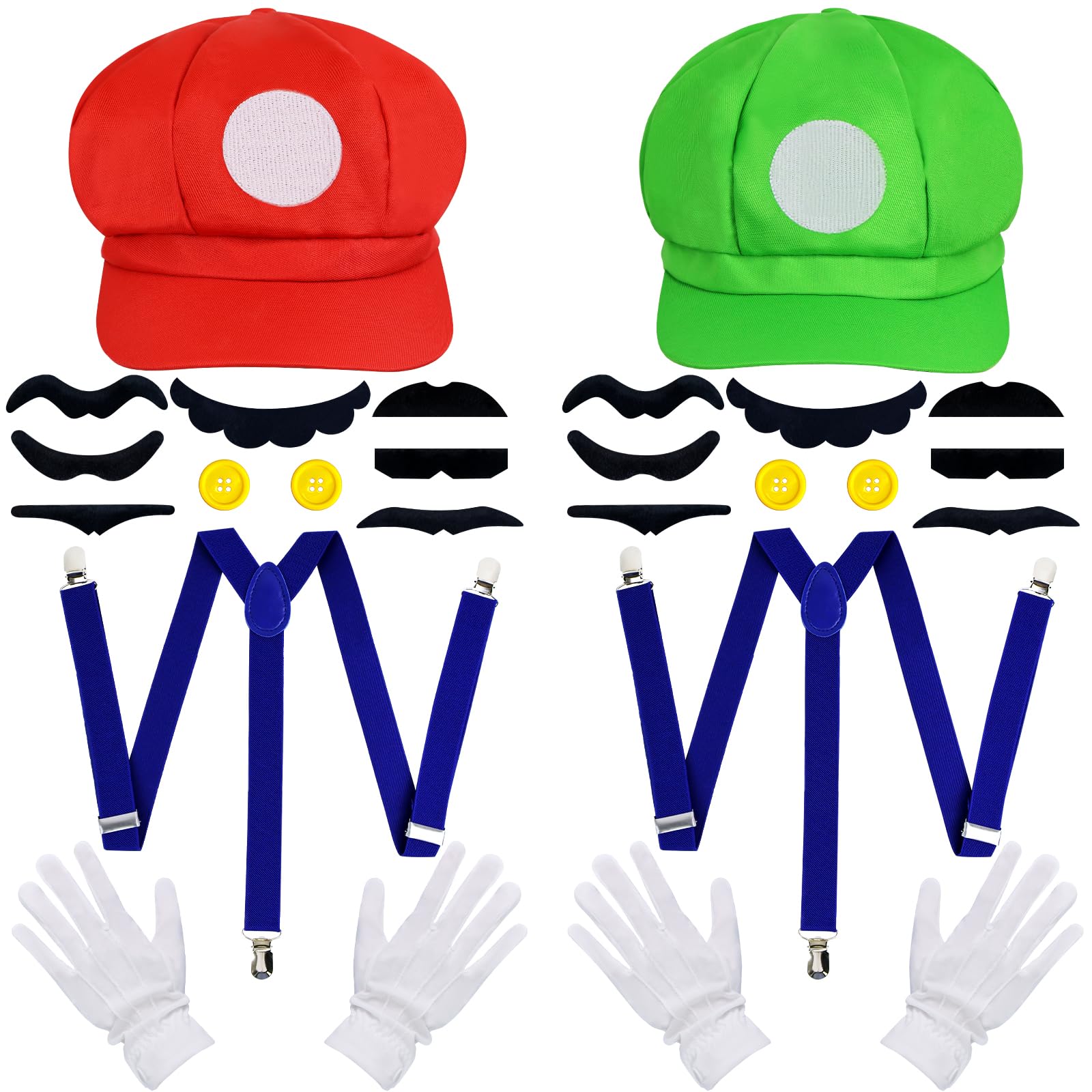 Orgoue Super Brother Costume, Video Game Role Cosplay Costume Accessories Super Bros Hat Mustache Gloves Suspenders Buttons Sets for Women Men Adult Kids for Halloween Carnival Cosplay