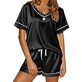 Ekouaer Silk Pajamas for Women Satin Pajama Set 2 Piece Short Sleeve Pjs Sets Soft Summer Sleepwear with Pockets Black XXL