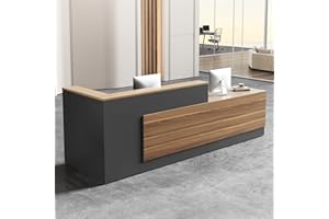 Nuipesn Modern L-Shaped Reception Desk with Hutch, Office Reception Counter Table with Lockable Drawer and Door Cabinet, Wooden Computer Front Desk (European Oak+lron Gray-Left Cabinet, 94.49" L)