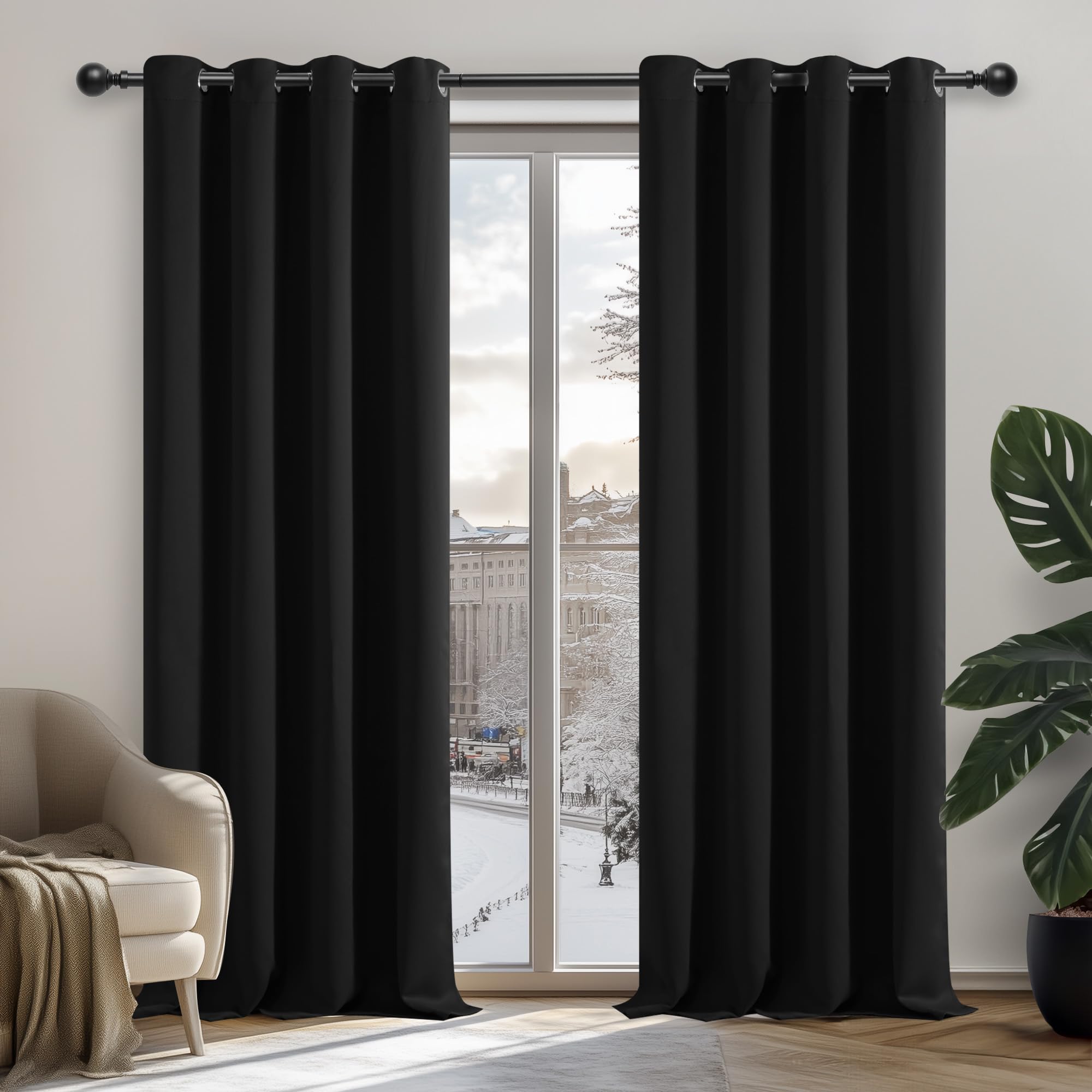 Deconovo Blackout Curtains 52"x 63" Thermal Insulated Eyelet Curtains for Bedroom Black 1 PAIR