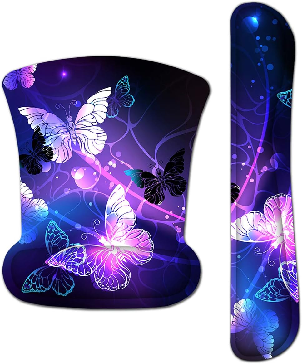 ToLuLu Keyboard Wrist Rest Pad Ergonomic Mouse Pad Set, Gel Mouse Pad for Computer Laptop, Non Slip Mousepad Keyboard Wrist Support Raised Memory Foam for Easy Typing Pain Relief, Art Butterflies