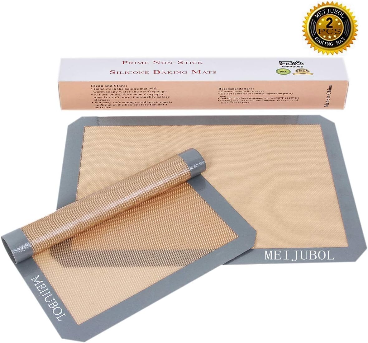 MEIJUBOL Silicone Baking Mat Set of 2 Half Sheet (16-1/2" x 11-5/8") Non Stick Heat Resistant BPA Free Macaroon Mat Pan Tray Liner for Bake Pastry Cookie Bread