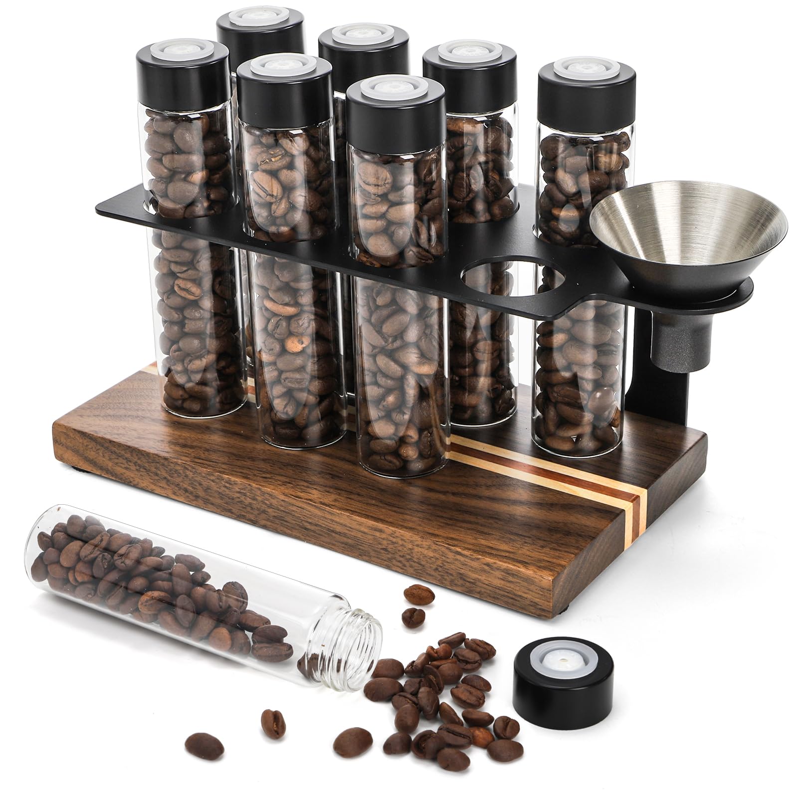Photo 1 of AVLA 8 Pack 2 OZ Coffee Bean Cellar Tubes, Single Dose Coffee Beans Storage with One-Way Exhaust Valve, Glass Espresso Beans Container, Dosing Vials with Wooden Stand Hopper for Coffee Lover, 20-22g