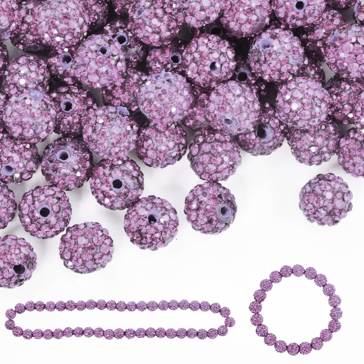 Photo 1 of 100pcs 10mm Rhinestone Clay Beads for Crafting - Ice Collection Baseball Bling Style, Round Shamballa Disco Ball Design, Fancy Sparkle for DIY Necklace Jewelry Making Christmas Decorations (Lavender)