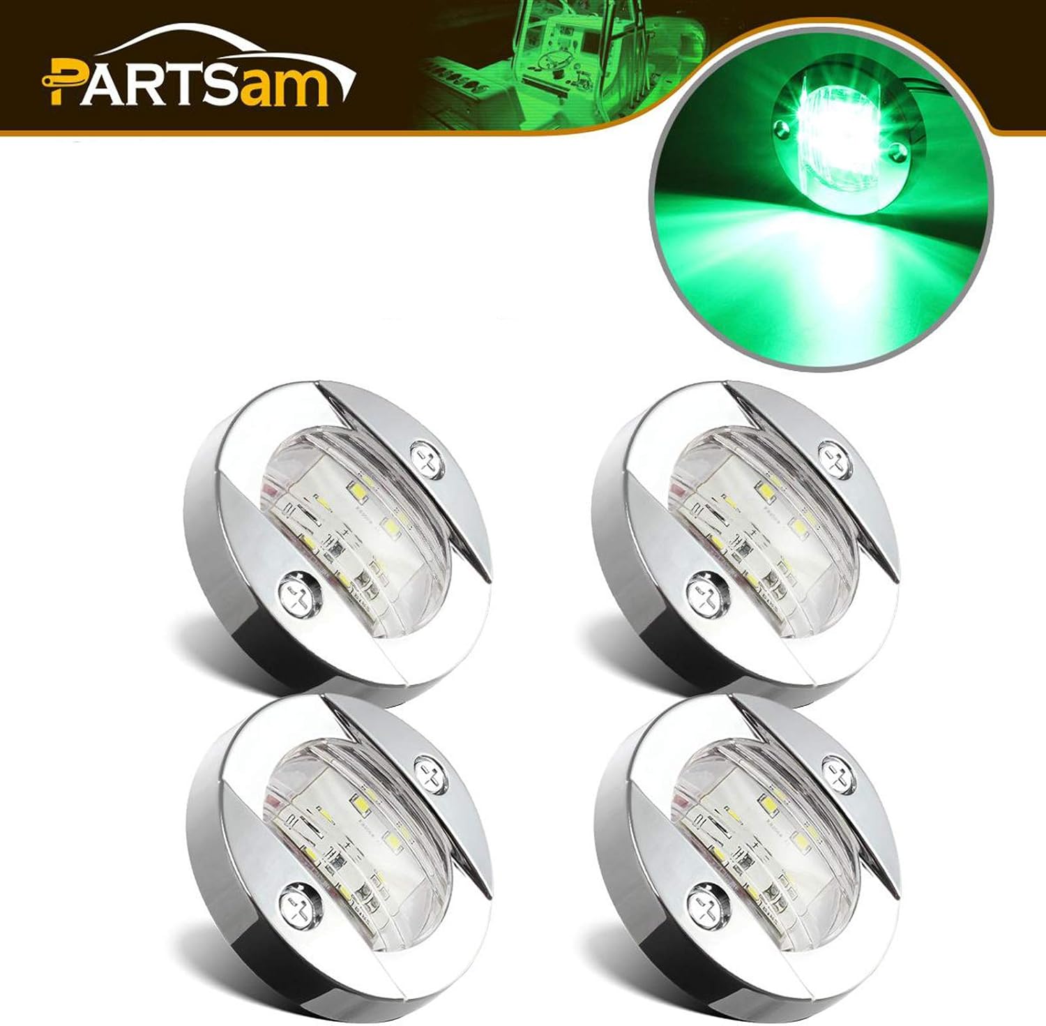 Partsam 4Pcs 3" Inch 12V DC Round Marine Led Navigation Lights Green 6 LED Boat Yacht Transom Mount Anchor Stern Lights Lamp Clear Lens with Chrome Bezel Flush Mount Waterproof: Automotive