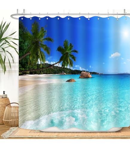 Riyidecor Beach Sunset Shower Curtain – Tropical Palm Tree Ocean Design, Waterproof Polyester, 72x72 Inches With Hooks - View #10