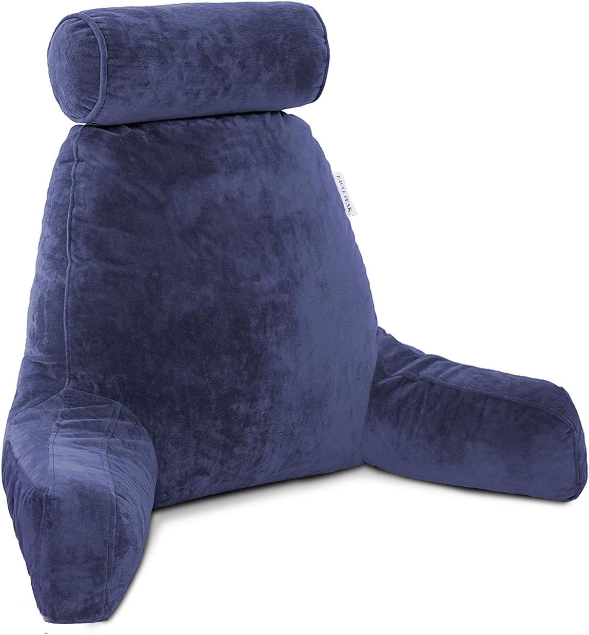 EAGLE PEAK Large Shredded Foam Reading Pillow with Neck Roll, Bed Rest Pillow with Arms and Pockets, Back Support Cushion for Adults Reading, Watching TV, Relaxing, Gaming (Navy Blue)