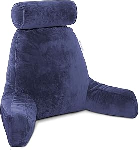 EAGLE PEAK Large Shredded Foam Reading Pillow with Neck Roll, Bed Rest Pillow with Arms and Pockets, Back Support Cushion for Adults Reading, Watching TV, Relaxing, Gaming (Navy Blue)