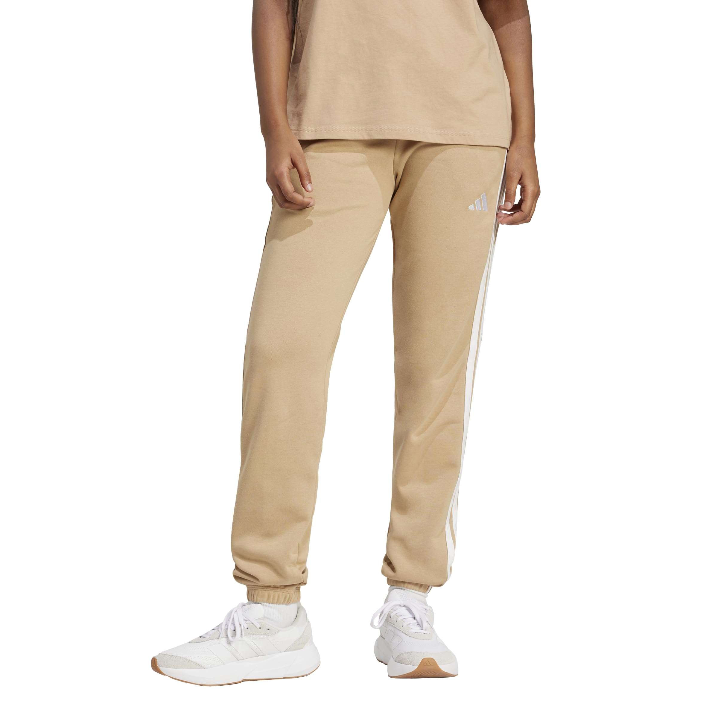 Adidas Women’s Essentials 3-Stripes French Terry Cuffed Pants, Warm Sandstone/White, Large