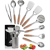 Home Hero 10-Piece Stainless Steel Kitchen Utensil Set with Wooden Handle | Ergonomic Wood Handle Stainless Steel Kitchen Utensils - Rust-Resistant, Nonstick Safe with Storage Holder (10-Piece)