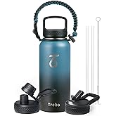 Trebo 32oz Water Bottle Insulated with Lid and Straw,Double Wall Vacuum Stainless Steel Metal Tumbler Sports Flask with Paracord Handle, Keep Cold 48 Hours Water Cup with 3 Lids, Indigo/Black