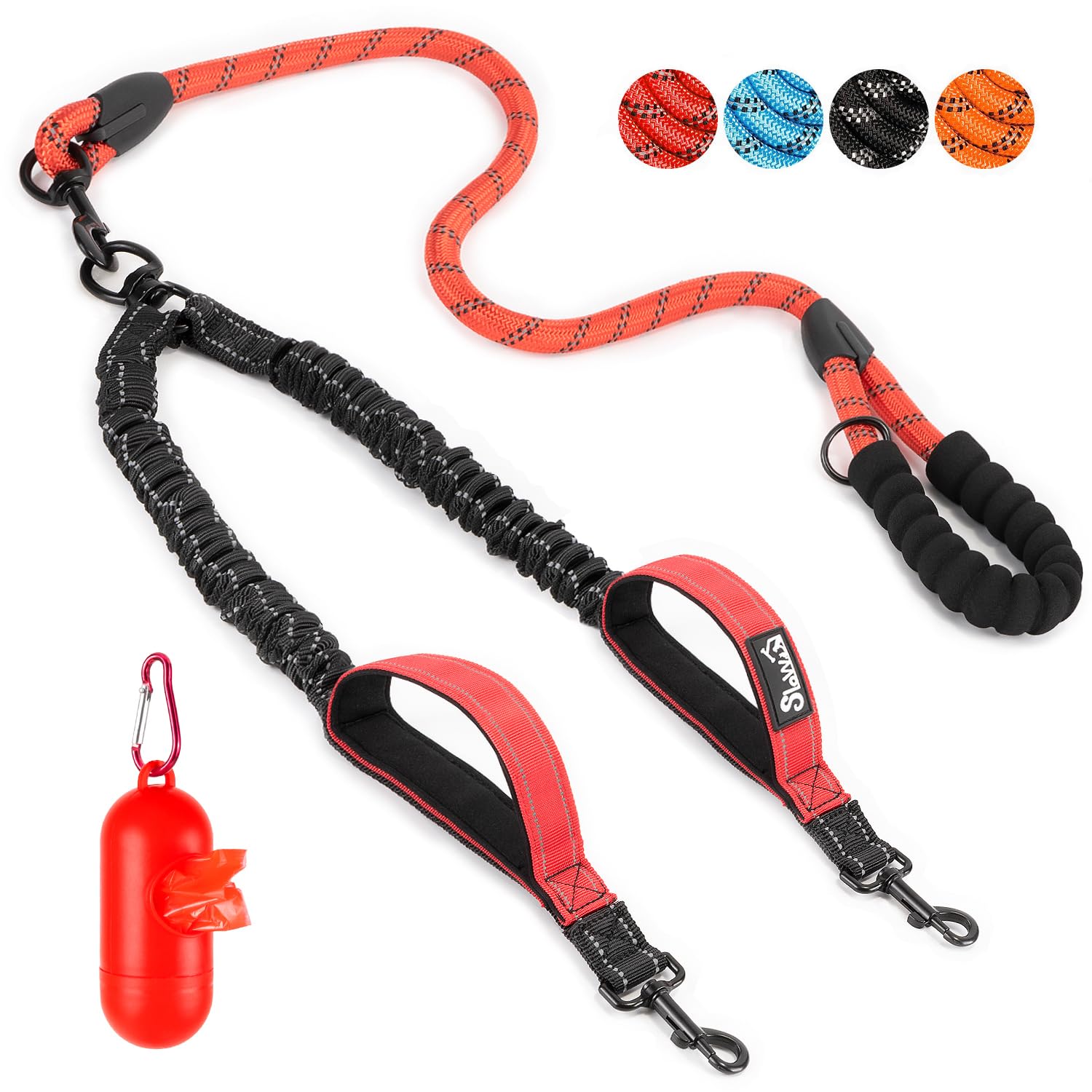 Eyein Double Dog Lead No Tangle - 360° Swivel Heavy Duty Reflective Leash with Two Padded Handles Dual Dog Splitter, Comfortable Shock Absorbing Walking Training for 2 Small Medium Dogs (11-68kg)