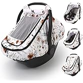Sweetwavet Car Seat Cover Baby Girls, Infant Car Seat Canopy Outdoor, 2 Layers with Mesh and Sun Shade Window for Summer Winter, Easy Access Carseat Covers Snug Fit Baby Stroller - Brown Wildflower
