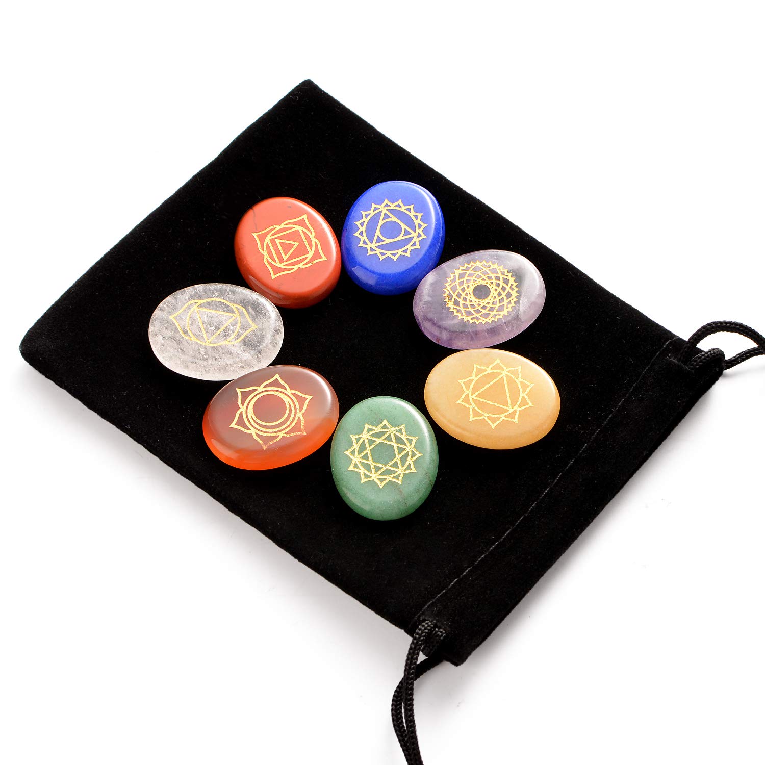 Hivexagon Natural Healing Chakra Stones, Set of 7 Worry Stones with Symbols, Reiki & Energy Healing Crystals for Meditation, Concentration, Spiritual Growth, Stress Relief