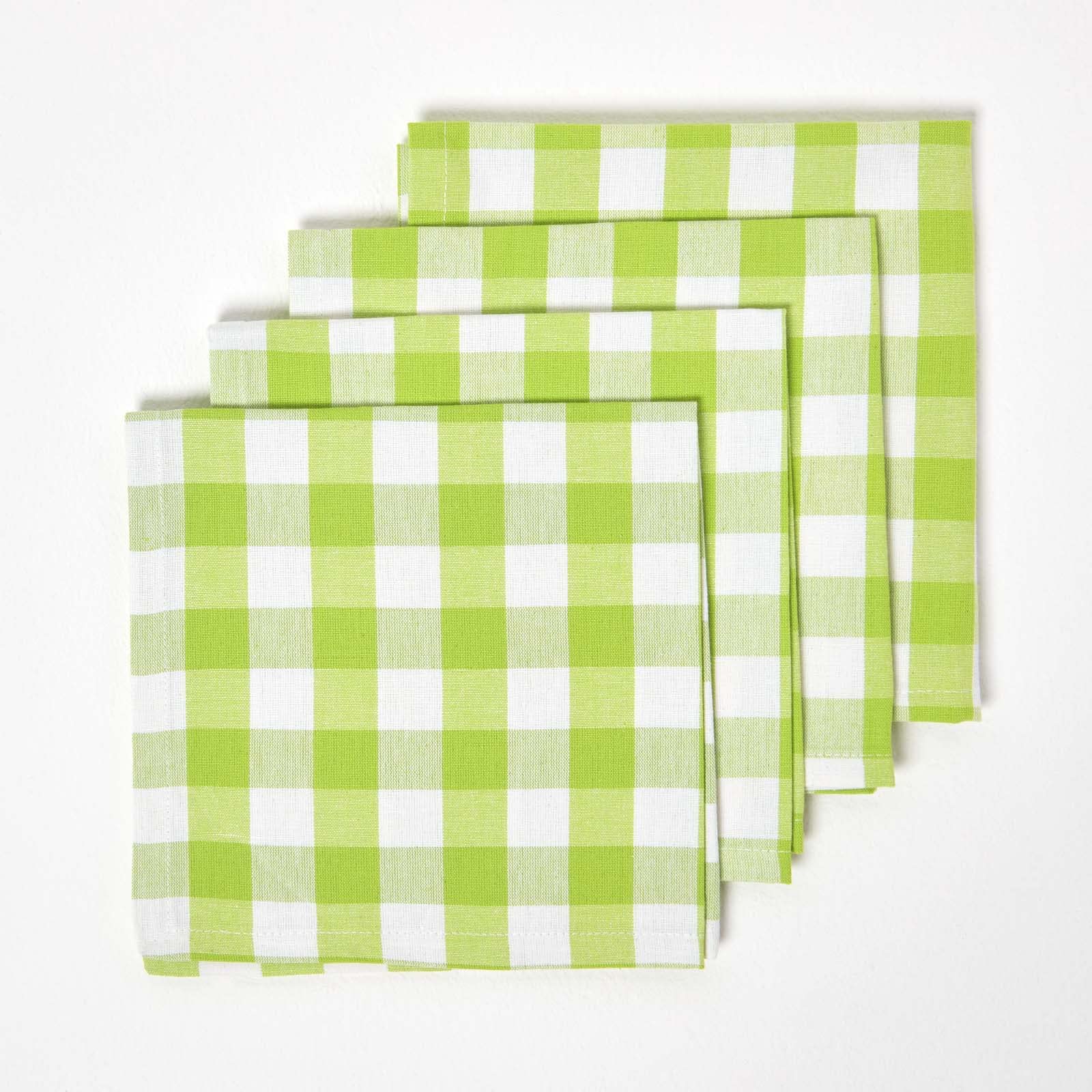 HOMESCAPES Set of 4 Green Gingham Napkins Block Check Pattern 100% Cotton Napkins 45 x 45 cm (18” x 18”) with Green and White Checkered Design