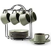 KOKUNKA Espresso Cups Set of 6, 4 oz Demitasse Cups with Saucer and Metal Stand Small Coffee Cup Set, Porcelain Cappuccino Cups for Latte, Cafe Mocha and Tea, Green