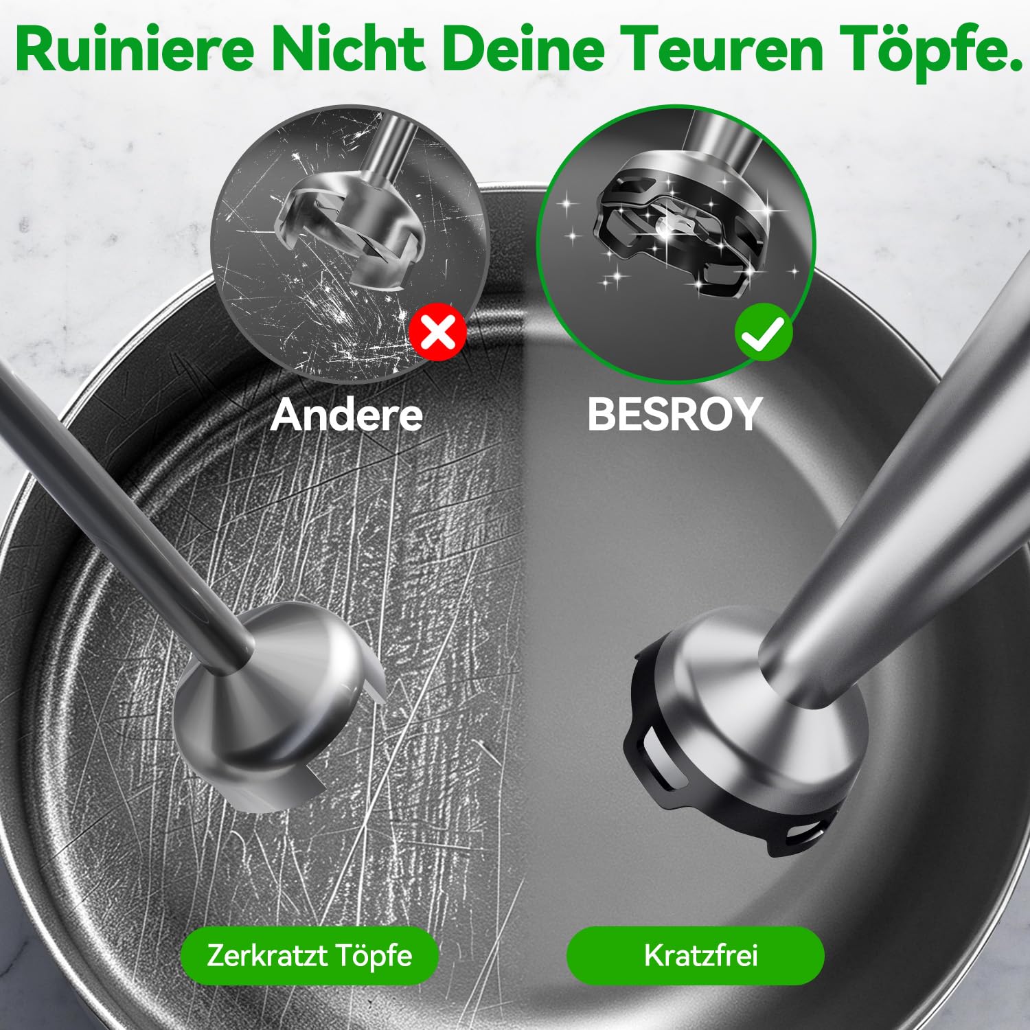 BESROY Stabmixer Set 5 in 1, 1100W Pürierstab Elektrisch, Stufenlose Geschwindigkeit, Edelstahl Hand Blender inkl. Zerkleinerer, Schneebesen, Milchaufschäumer & Messbecher, Ideal für Suppen, Smoothies 6