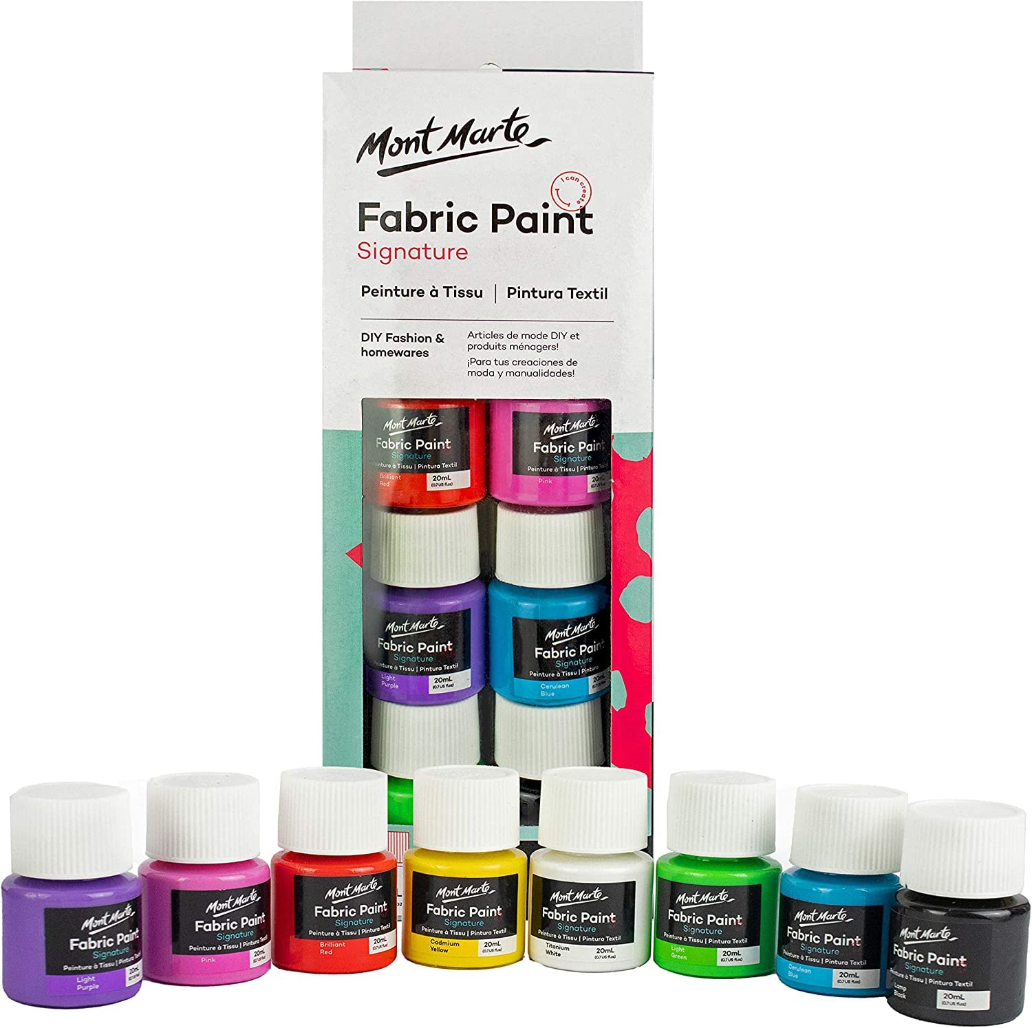 Mont Marte Textile & Fabric Paint Set - 8 pieces x 20ml - Permanent Textile Paints - Ideal Colours for Clothing, Bags and all Fabrics