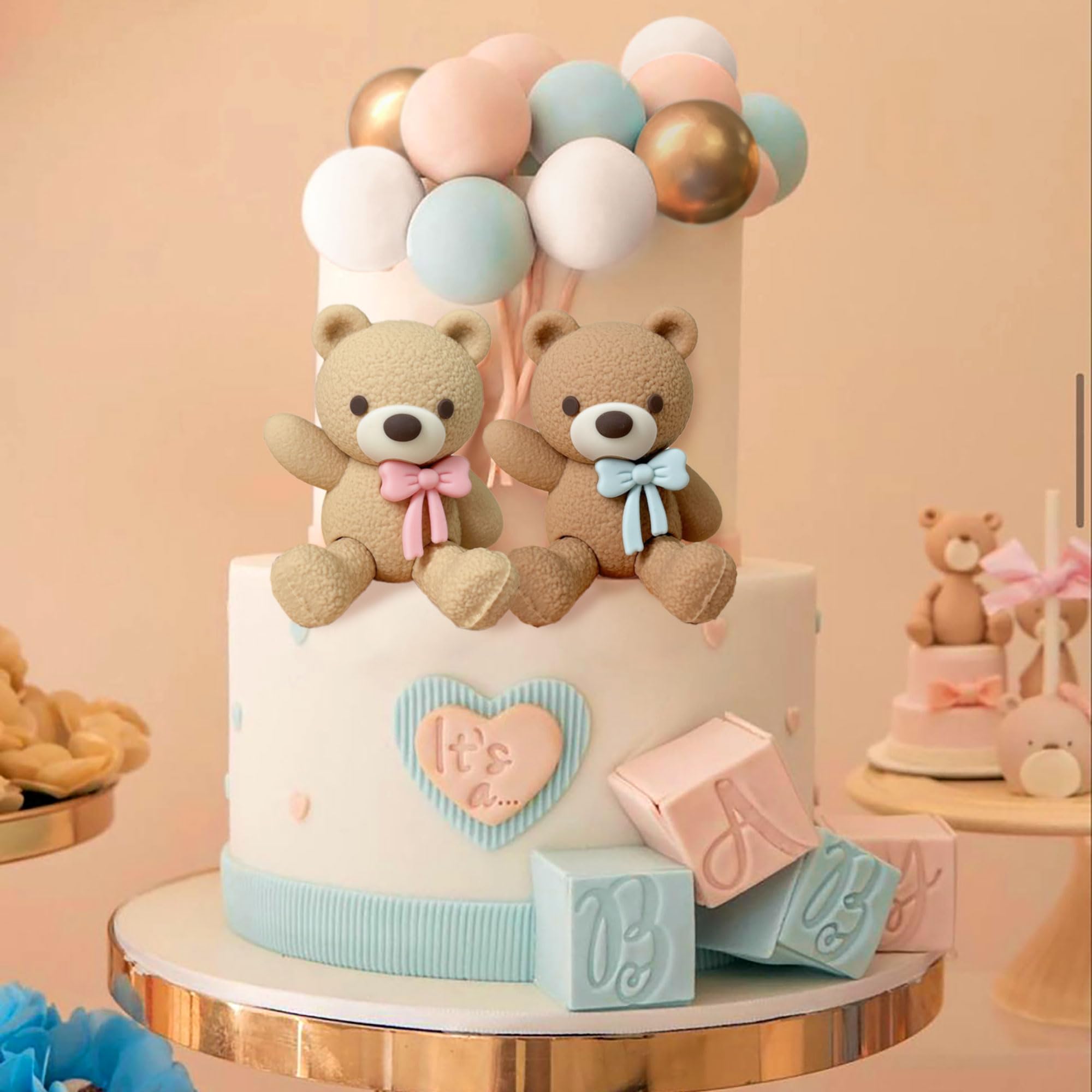 LaVenty Pink Blue Gender Reveal Cake Toppers Boy or Girl Cake Decoration Teddy Bear Cake Decorations Baby Shower Cake Decoration