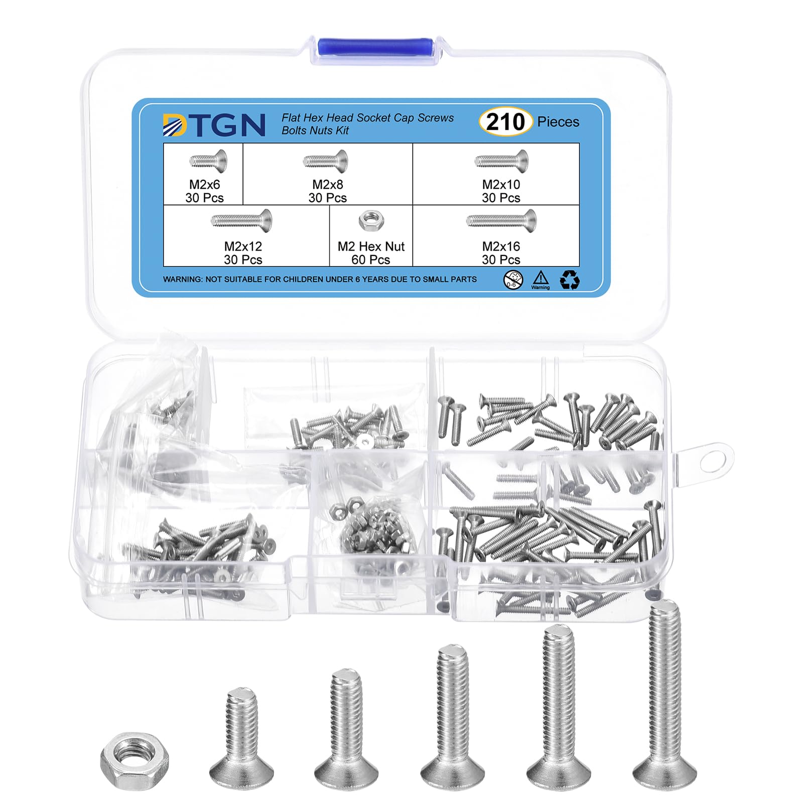 DTGN 210Pcs M2 x 6mm /8mm /10mm /12mm /16mm Flat Head Hex Socket Cap Screws Bolts Nuts Kit, 304 Stainless Steel, Full Thread, Countersunk Bolts