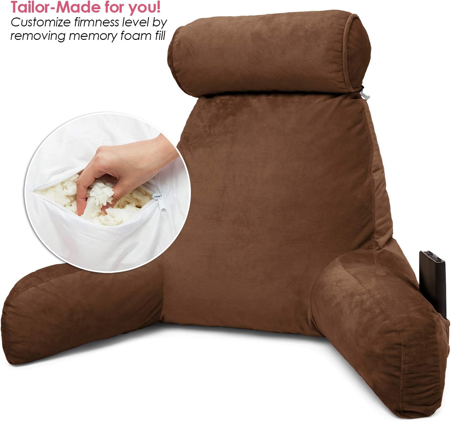 Clara Clark Bed Rest Reading Pillow with Arms and Pockets Premium Shredded Memory Foam, Detachable Neck Roll & Lumbar Support, Large, Brown: Home & Kitchen