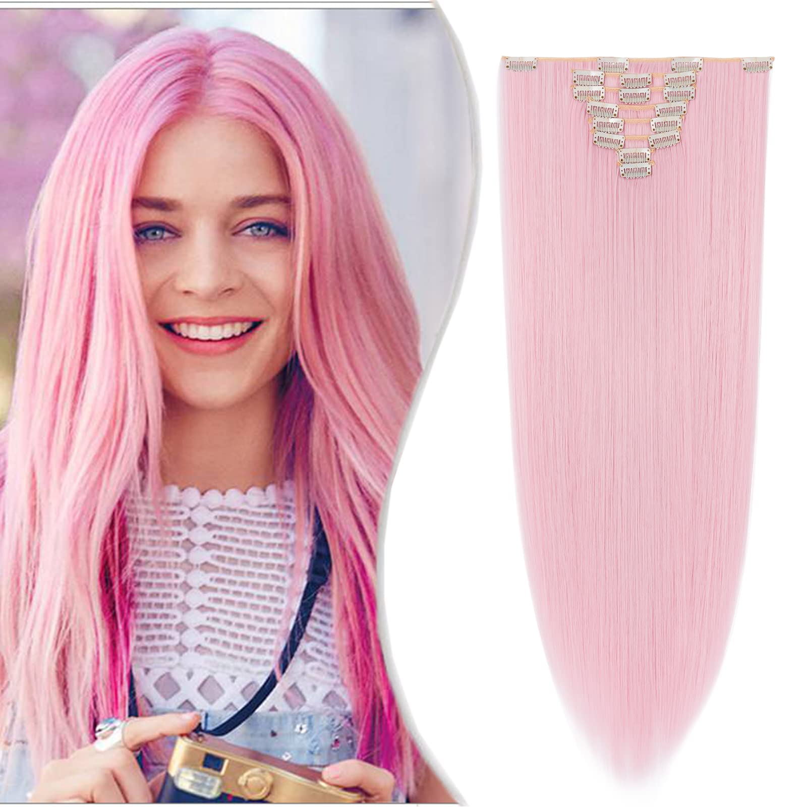 8 Pieces 18 Clips Hair Extension Synthetic Straight Clip In Hairpieces Matte Material For Women Beauty, 26 Inch, Light Pink