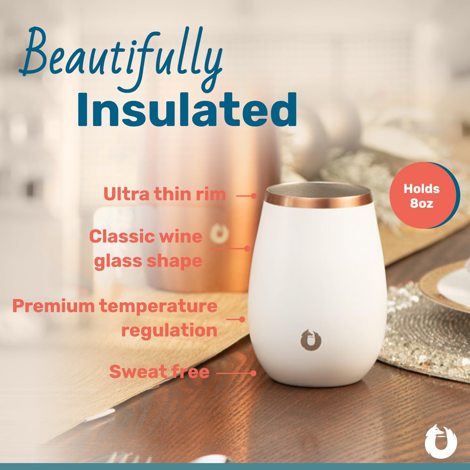 Snowfox Premium Vacuum Insulated Stainless Steel Classic White Wine Glass, Set of 2, Chilled Wine Stays Icy Cold, Lightweight Stemless Cocktail Glasses, Elegant Home Entertaining Barware, 8oz, Marble