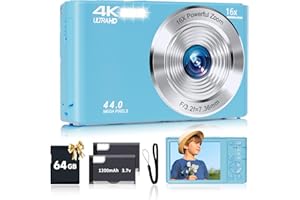 SMARTKLIK Digital Camera for Teens, FHD 4K 44MP with 64GB SD Card, 16X Digital Zoom, Compact Point Shoot Camera Blue
