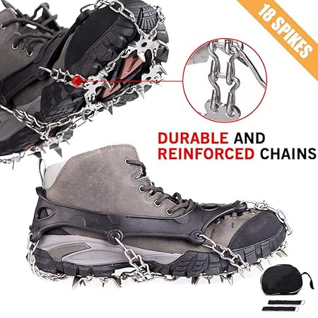 Cycorld Steigeisen für Bergschuhe mit 18 Edelstahlspikes, Schneeketten für Schuhe, Schnee Spikes Schuhspikes, Wanderschuhe Ke