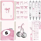 MotiMind 12 Pcs Valentines Day Bow Stationery Set Gifts, A5 Spiral Notebooks Coquette Aesthetic Ruled Notebooks with Ballpoint Pens Bookmarks for Back to School Office Classroom Prize Suffers(Pink)