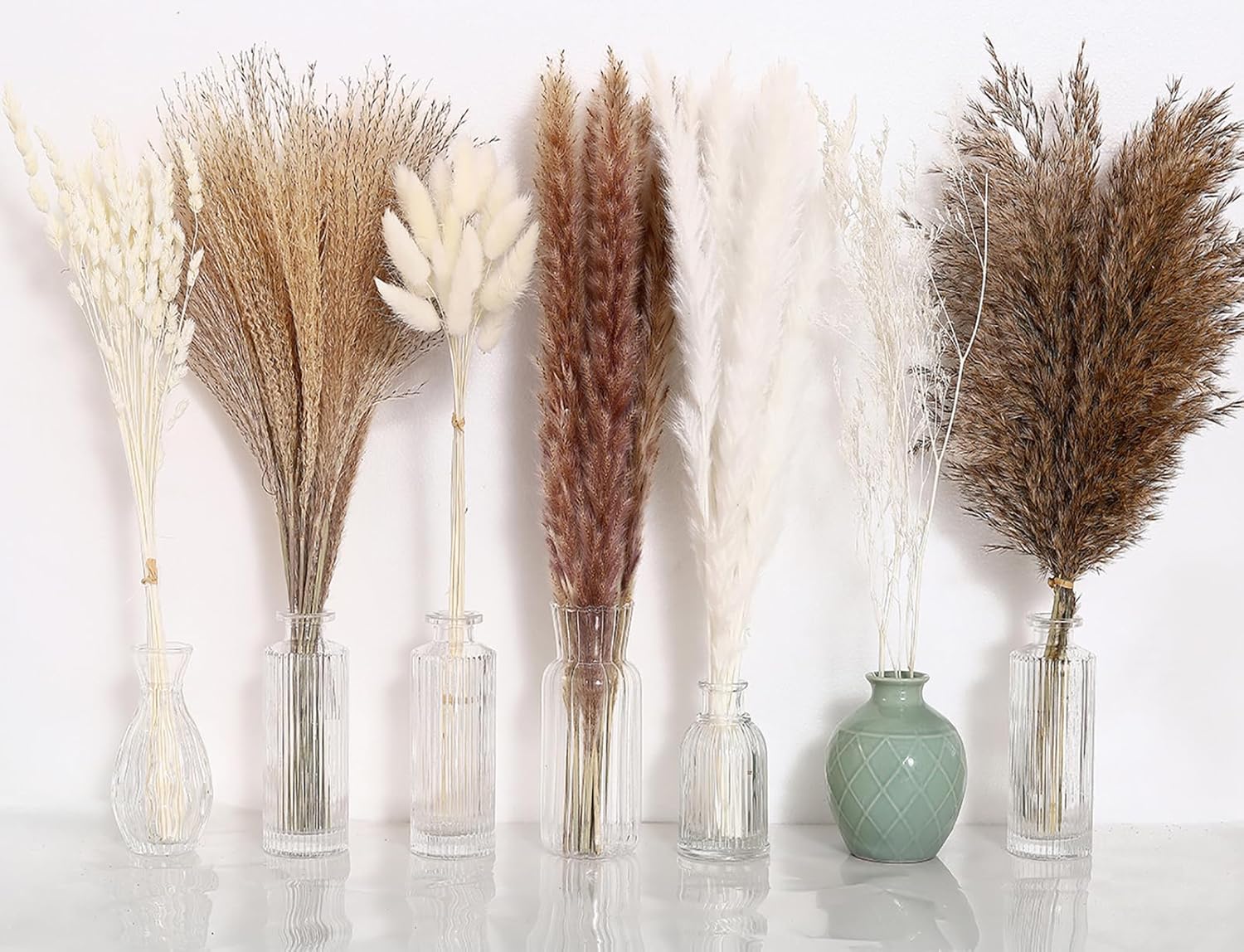 Dried & Preserved Flora - 102PCS Natural Dried Pampas Grass Decor, Boho Home Decor Bouquet, 17 inch Pampas Grass, Reed Grass, Bunny Tail Grass Mixed Dried Floral Bouquet for Wedding Floral Arrangements, Home Decorations